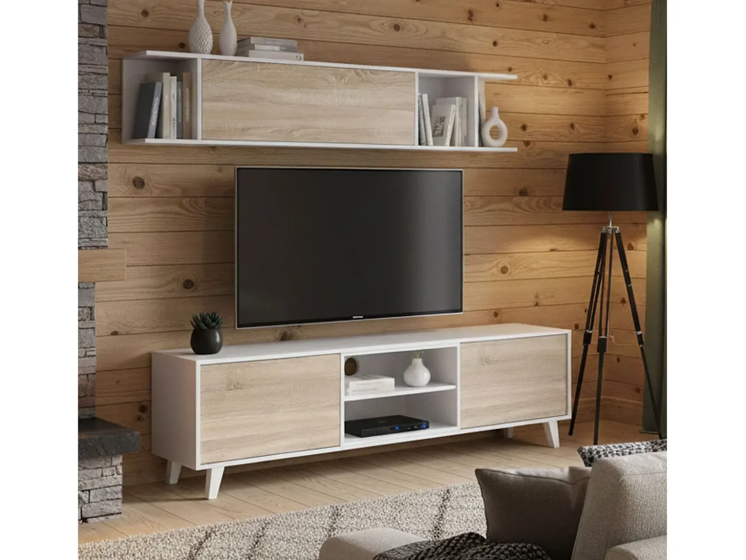 Sistema de parede Buffalo, móvel de sala de TV, Composição de sala com móvel de parede, 180x41h51 cm, Branco e Carvalho