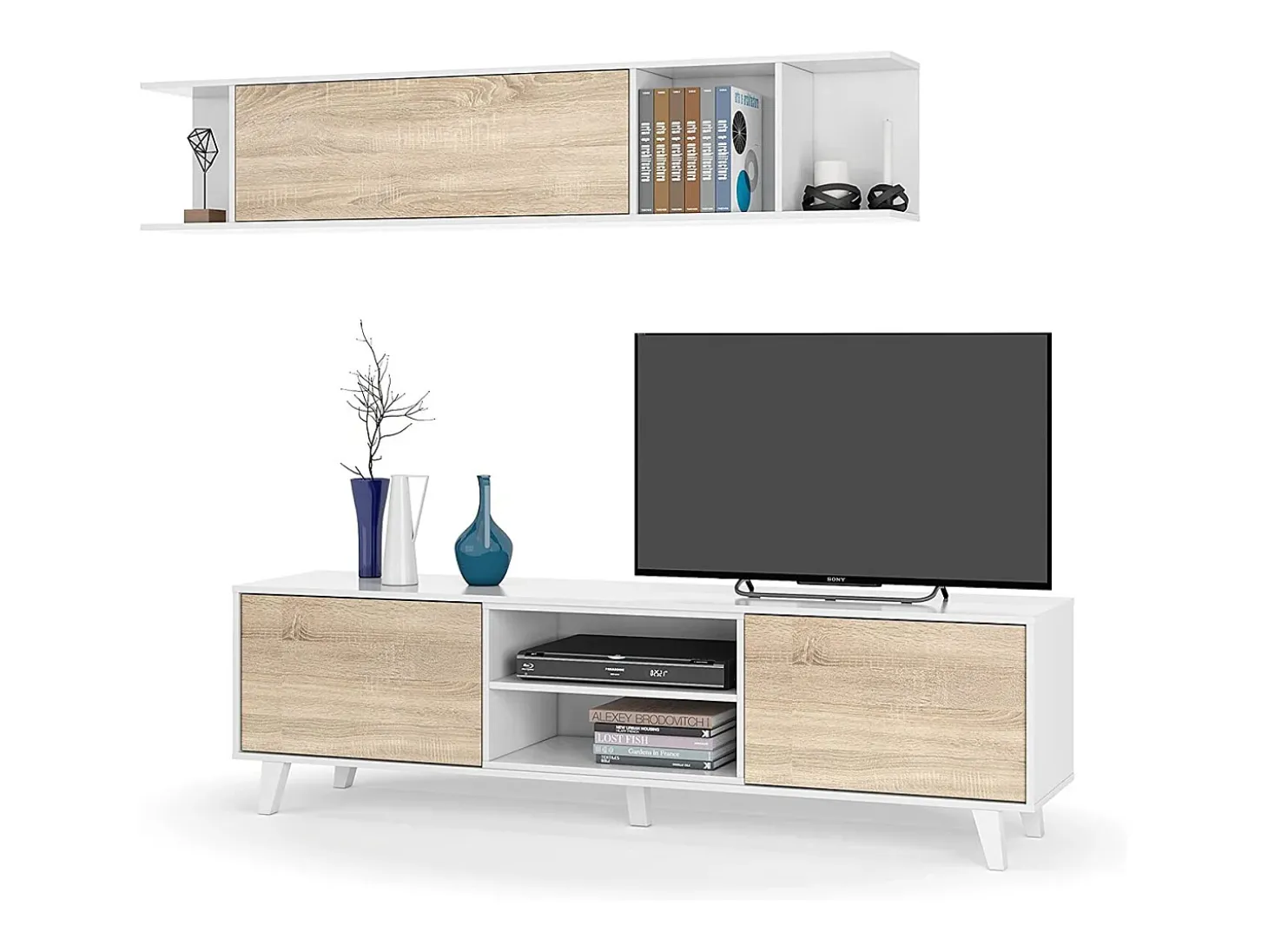 Sistema de parede Buffalo, móvel de sala de TV, Composição de sala com móvel de parede, 180x41h51 cm, Branco e Carvalho