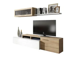 Sistema de parede Chino, móvel de sala de TV, composição reversível de sala, conjunto de sala de canto, 200x41h44 cm, carvalho e branco brilhante