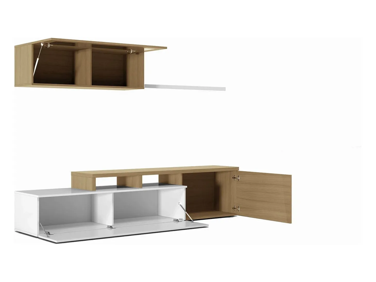 Sistema de parede Chino, móvel de sala de TV, composição reversível de sala, conjunto de sala de canto, 200x41h44 cm, carvalho e branco brilhante