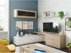 Sistema de parede Chino, móvel de sala de TV, composição reversível de sala, conjunto de sala de canto, 200x41h44 cm, carvalho e branco brilhante