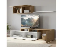 Sistema de parede Chino, móvel de sala de TV, composição reversível de sala, conjunto de sala de canto, 200x41h44 cm, carvalho e branco brilhante