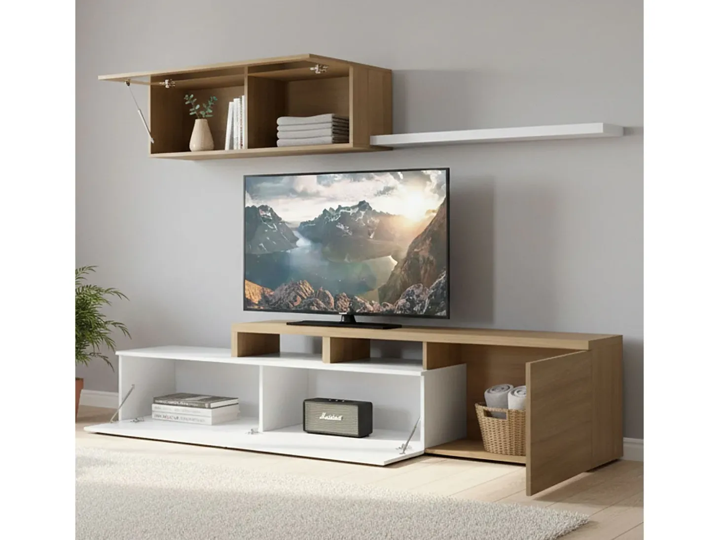 Sistema de parede Chino, móvel de sala de TV, composição reversível de sala, conjunto de sala de canto, 200x41h44 cm, carvalho e branco brilhante