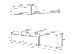 Sistema de parede Chino, móvel de sala de TV, composição reversível de sala, conjunto de sala de canto, 200x41h44 cm, carvalho e branco brilhante