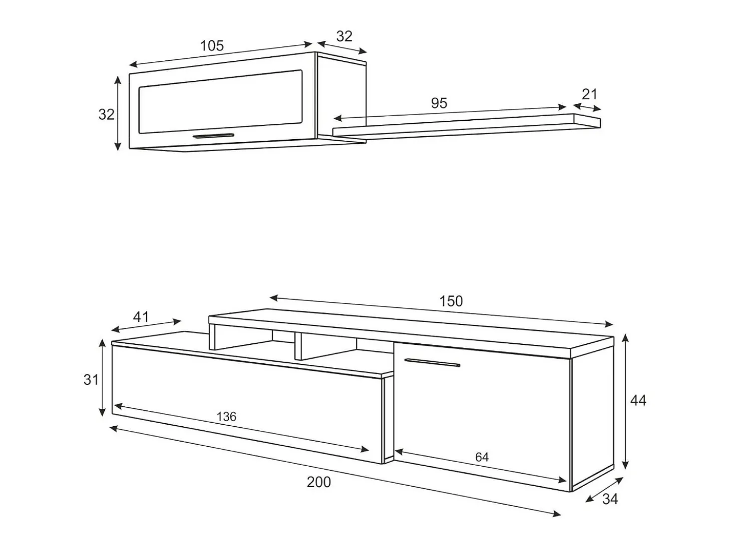 Sistema de parede Chino, móvel de sala de TV, composição reversível de sala, conjunto de sala de canto, 200x41h44 cm, carvalho e branco brilhante