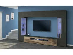 Sistema de parede Clementino, móvel de sala de TV de 6 portas, mobiliário de sala multiuso com luz LED, 100% Fabricado em Itália, 290x40h191 cm, Antracite e Bordo