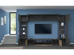 Sistema de parede Clementino, móvel de sala de TV de 6 portas, mobiliário de sala multiuso com luz LED, 100% Fabricado em Itália, 290x40h191 cm, Antracite e Bordo