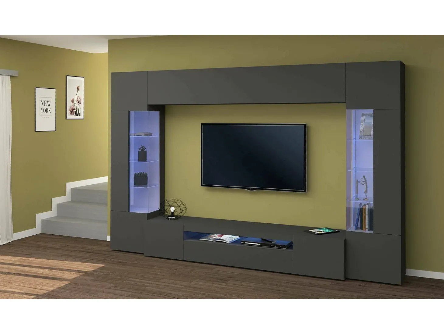 Sistema de parede Clementino, conjunto de sala de TV com 6 portas, mobiliário de sala multiuso com luz LED, 100% Fabricado em Itália, 290x40h191 cm, Antracite