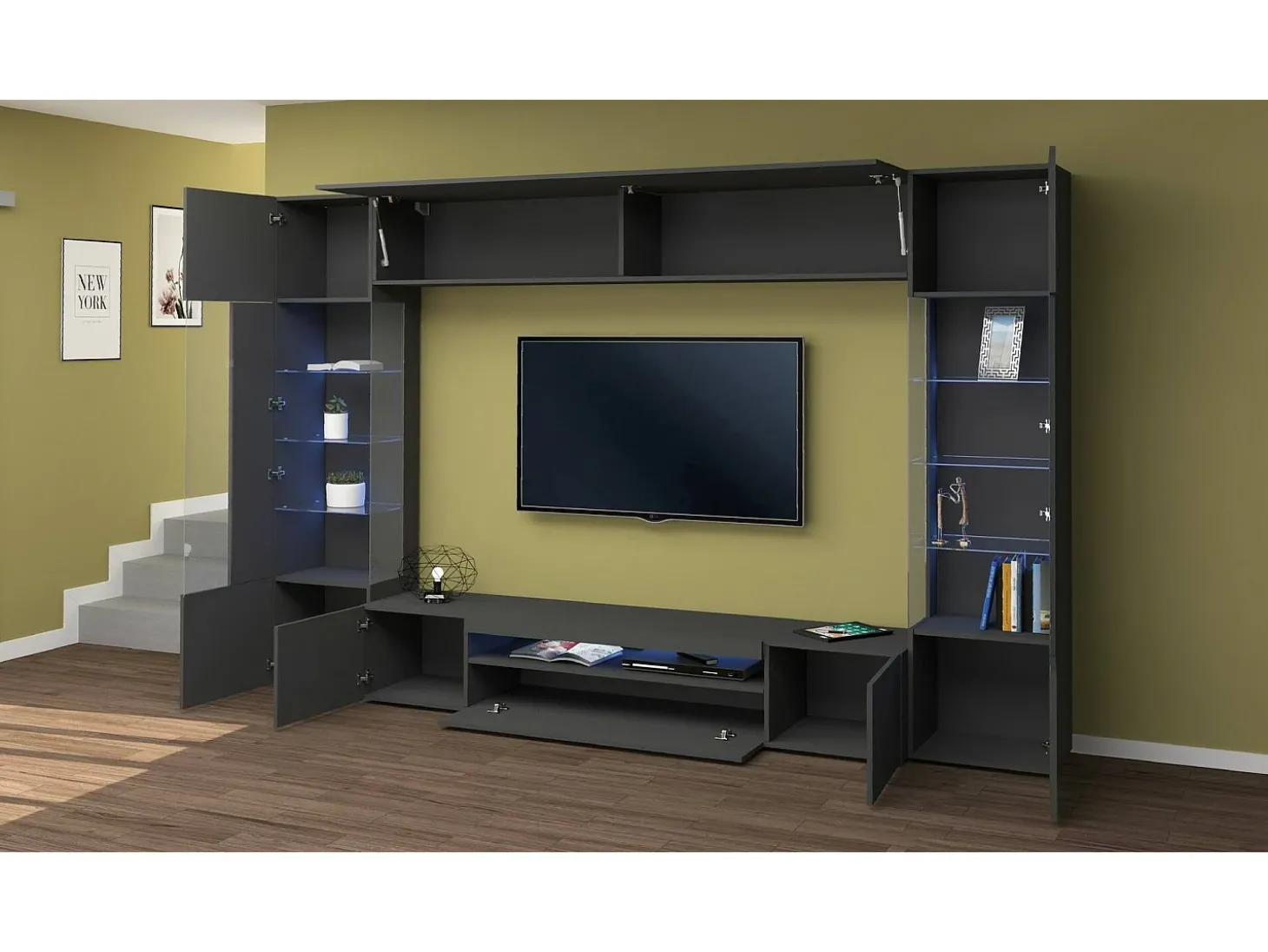 Sistema de parede Clementino, conjunto de sala de TV com 6 portas, mobiliário de sala multiuso com luz LED, 100% Fabricado em Itália, 290x40h191 cm, Antracite