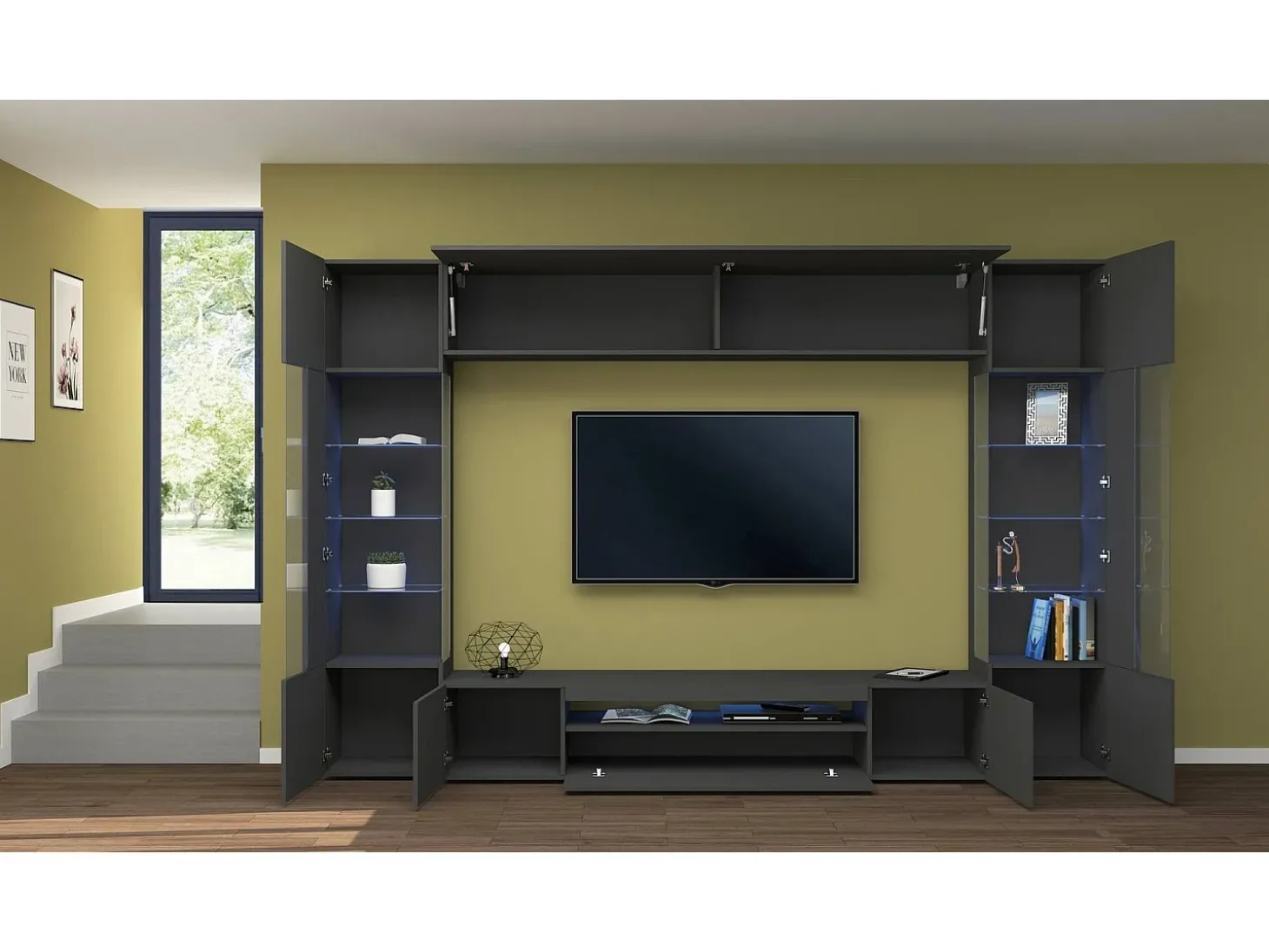 Sistema de parede Clementino, conjunto de sala de TV com 6 portas, mobiliário de sala multiuso com luz LED, 100% Fabricado em Itália, 290x40h191 cm, Antracite