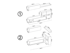 Sistema de parede Daade, Conjunto modular de sala de canto, Móveis de sala multiposições com luz LED, 260x41h180 cm, Carvalho e Branco