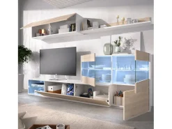 Sistema de parede Daade, Conjunto modular de sala de canto, Móveis de sala multiposições com luz LED, 260x41h180 cm, Carvalho e Branco