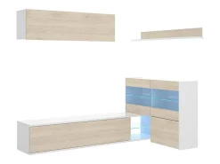 Sistema de parede Daade, Conjunto modular de sala de canto, Móveis de sala multiposições com luz LED, 260x41h180 cm, Carvalho e Branco