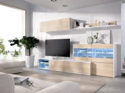 Sistema de parede Daade, Conjunto modular de sala de canto, Móveis de sala multiposições com luz LED, 260x41h180 cm, Carvalho e Branco