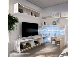 Sistema de parede Daade, Conjunto modular de sala de canto, Móveis de sala multiposições com luz LED, 260x41h180 cm, Carvalho e Branco