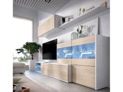 Sistema de parede Daade, Conjunto modular de sala de canto, Móveis de sala multiposições com luz LED, 260x41h180 cm, Carvalho e Branco