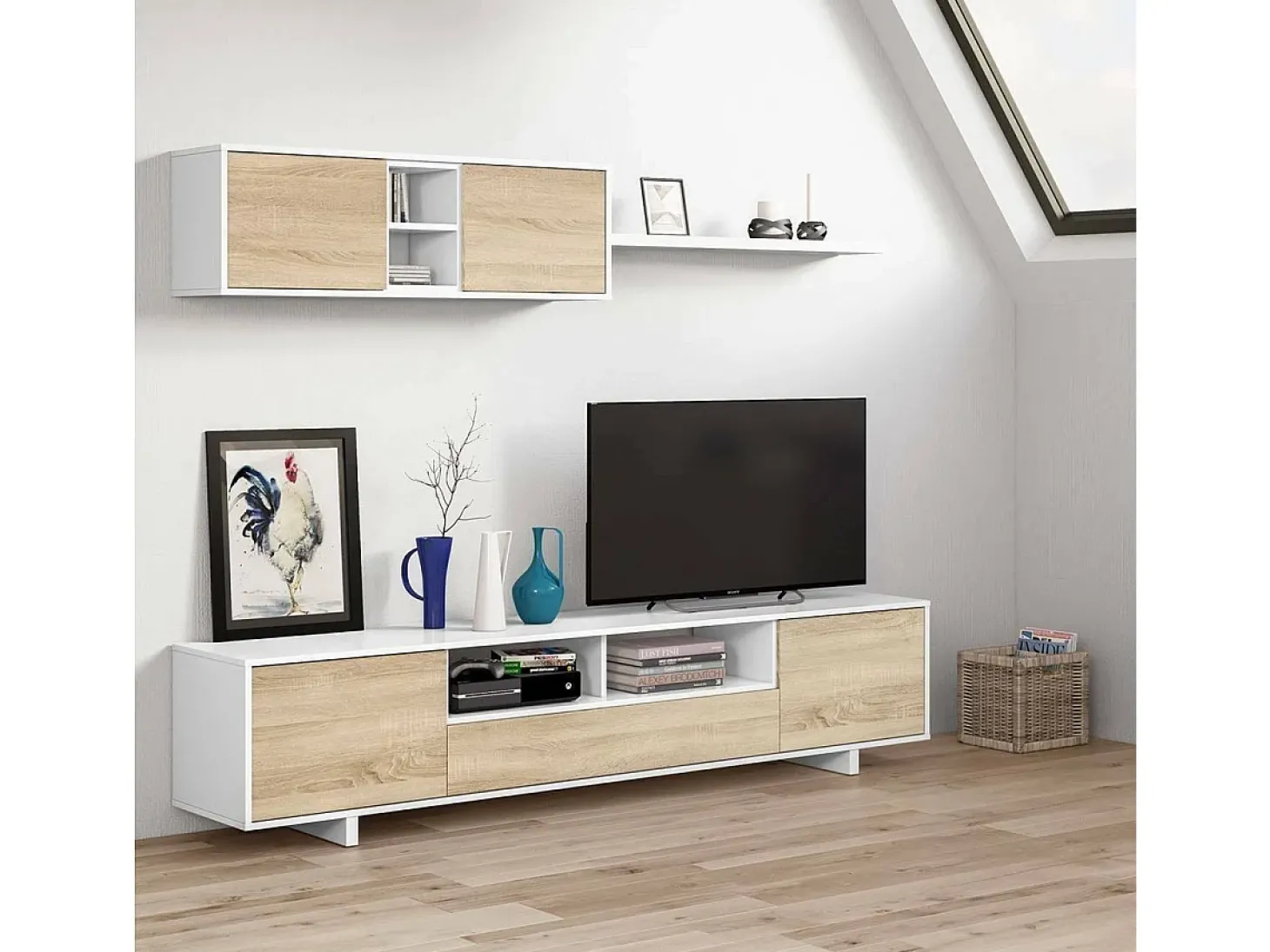 Sistema de parede Dafanti, móvel de sala de TV, composição de conjunto de sala, conjunto de sala com móvel de parede, 260x41h46 cm, branco brilhante e carvalho