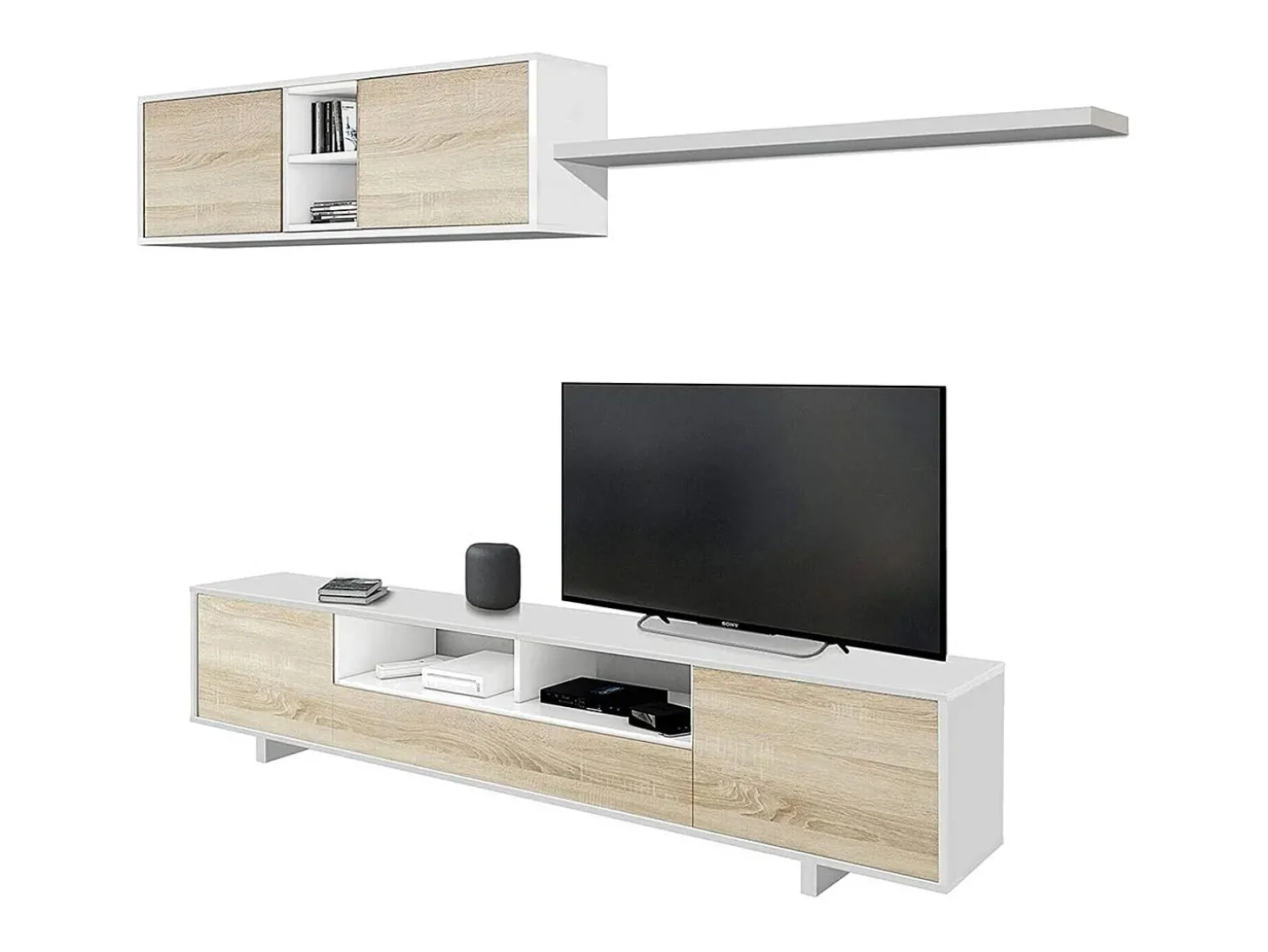 Sistema de parede Dafanti, móvel de sala de TV, composição de conjunto de sala, conjunto de sala com móvel de parede, 260x41h46 cm, branco brilhante e carvalho