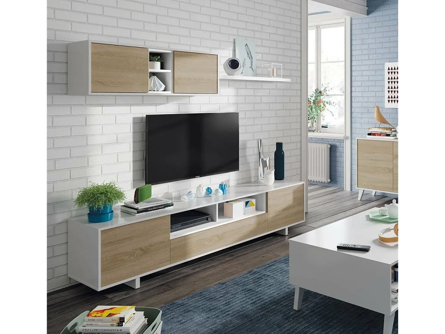Sistema de parede Dafanti, móvel de sala de TV, composição de conjunto de sala, conjunto de sala com móvel de parede, 260x41h46 cm, branco brilhante e carvalho
