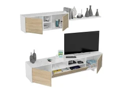 Sistema de parede Dafanti, móvel de sala de TV, composição de conjunto de sala, conjunto de sala com móvel de parede, 260x41h46 cm, branco brilhante e carvalho