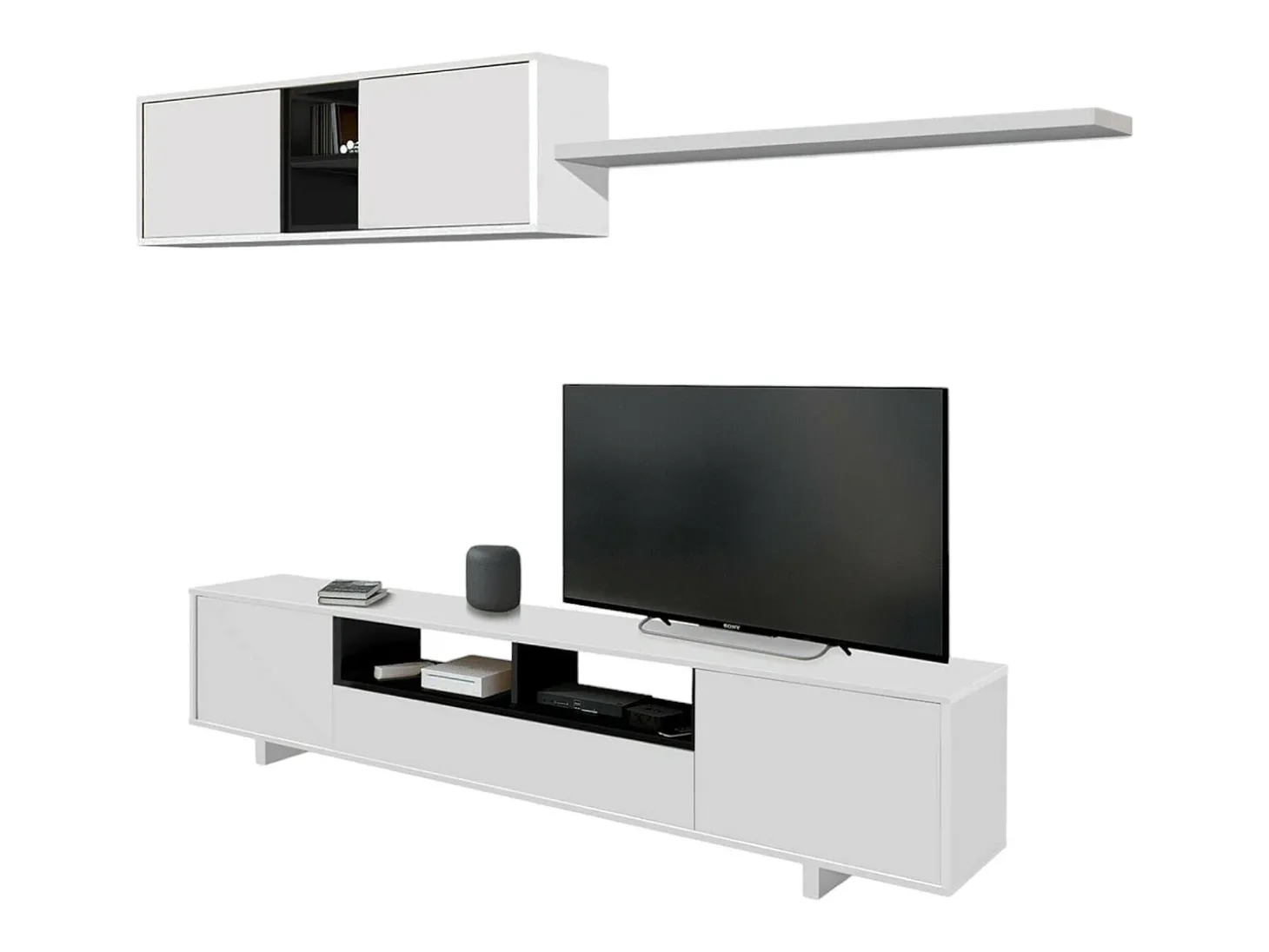 Sistema de parede Dafanti, móvel de sala de TV, composição de conjunto de sala, conjunto de sala com móvel de parede, 200x41h46 cm, branco brilhante