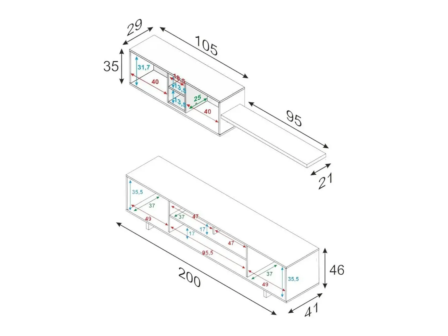 Sistema de parede Dafanti, móvel de sala de TV, composição de conjunto de sala, conjunto de sala com móvel de parede, 200x41h46 cm, branco brilhante