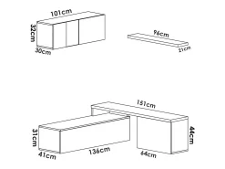Sistema de parede Dagnell, conjunto modular de sala de canto, móvel de sala de TV multiposições, 201x41h180 cm, branco e carvalho