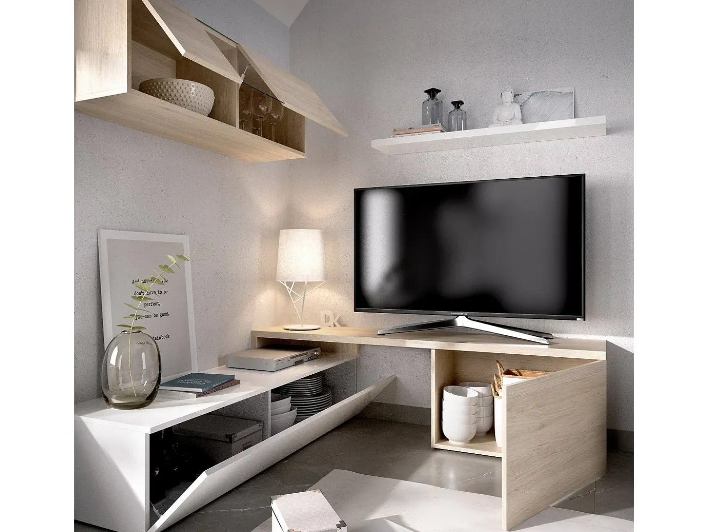 Sistema de parede Dagnell, conjunto modular de sala de canto, móvel de sala de TV multiposições, 201x41h180 cm, branco e carvalho
