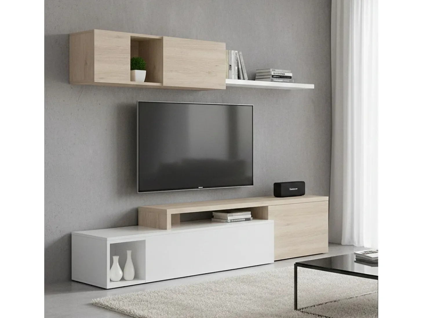 Sistema de parede Dagnell, conjunto modular de sala de canto, móvel de sala de TV multiposições, 201x41h180 cm, branco e carvalho