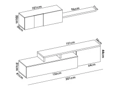 Sistema de parede Dagnell, conjunto modular de sala de canto, móvel de sala de TV multiposições, 201x41h180 cm, branco e carvalho