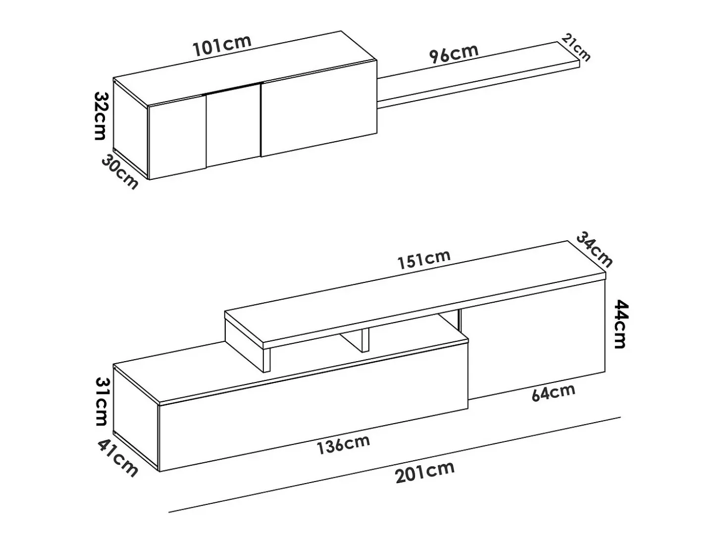 Sistema de parede Dagnell, conjunto modular de sala de canto, móvel de sala de TV multiposições, 201x41h180 cm, branco e carvalho