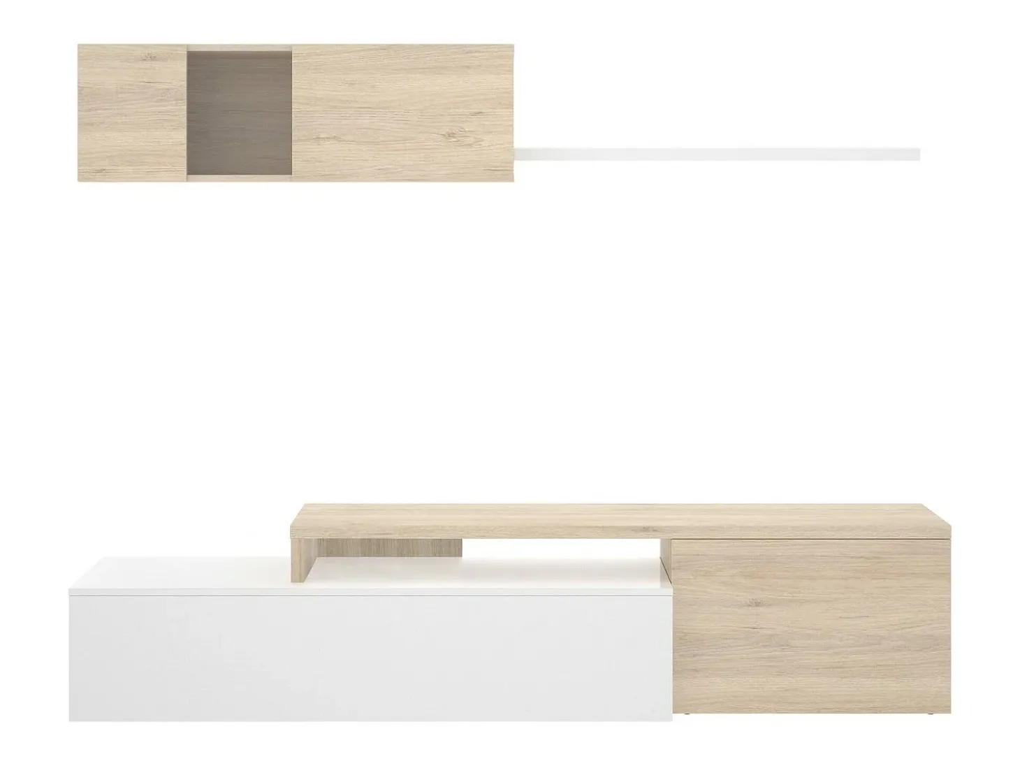 Sistema de parede Dagnell, conjunto modular de sala de canto, móvel de sala de TV multiposições, 201x41h180 cm, branco e carvalho