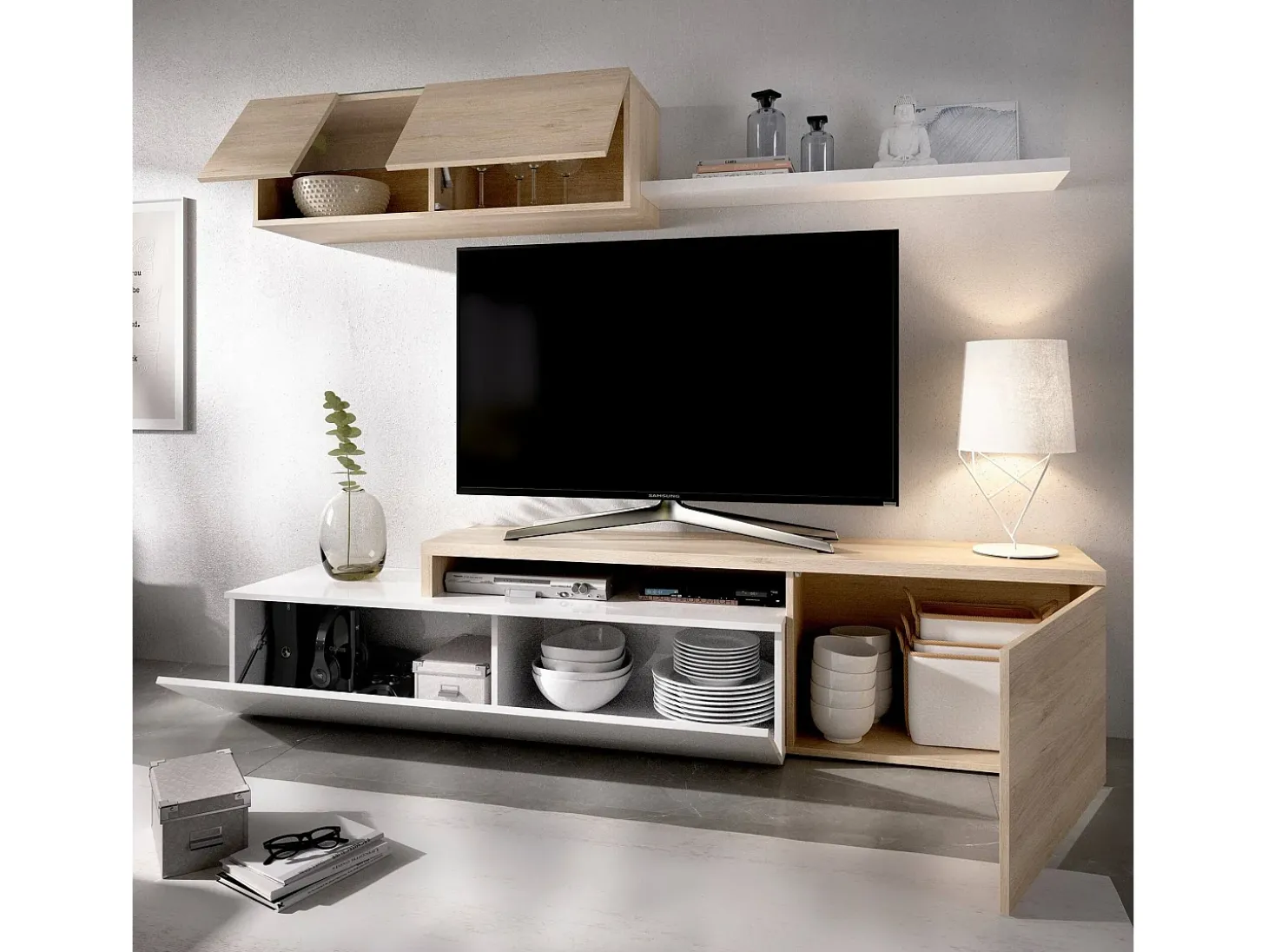 Sistema de parede Dagnell, conjunto modular de sala de canto, móvel de sala de TV multiposições, 201x41h180 cm, branco e carvalho