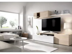 Sistema de parede Dagnell, conjunto modular de sala de canto, móvel de sala de TV multiposições, 201x41h180 cm, branco e carvalho