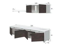 Sistema de parede Damatte, móvel de sala de TV, composição de conjunto de sala, conjunto de sala com móvel de parede, 200x41h43 cm, Branco e Ã"xido