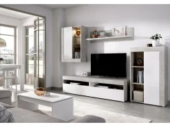 Sistema de parede Dament, Conjunto modular de sala, Móveis de sala multiposições, 265x42h180 cm, Branco e Cimento