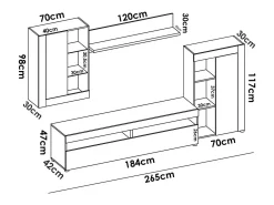 Sistema de parede Dament, Conjunto modular de sala, Móveis de sala multiposições, 265x42h180 cm, Branco e Cimento