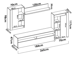Sistema de parede Dament, Conjunto modular de sala, Móveis de sala multiposições, 265x42h180 cm, Branco e Cimento
