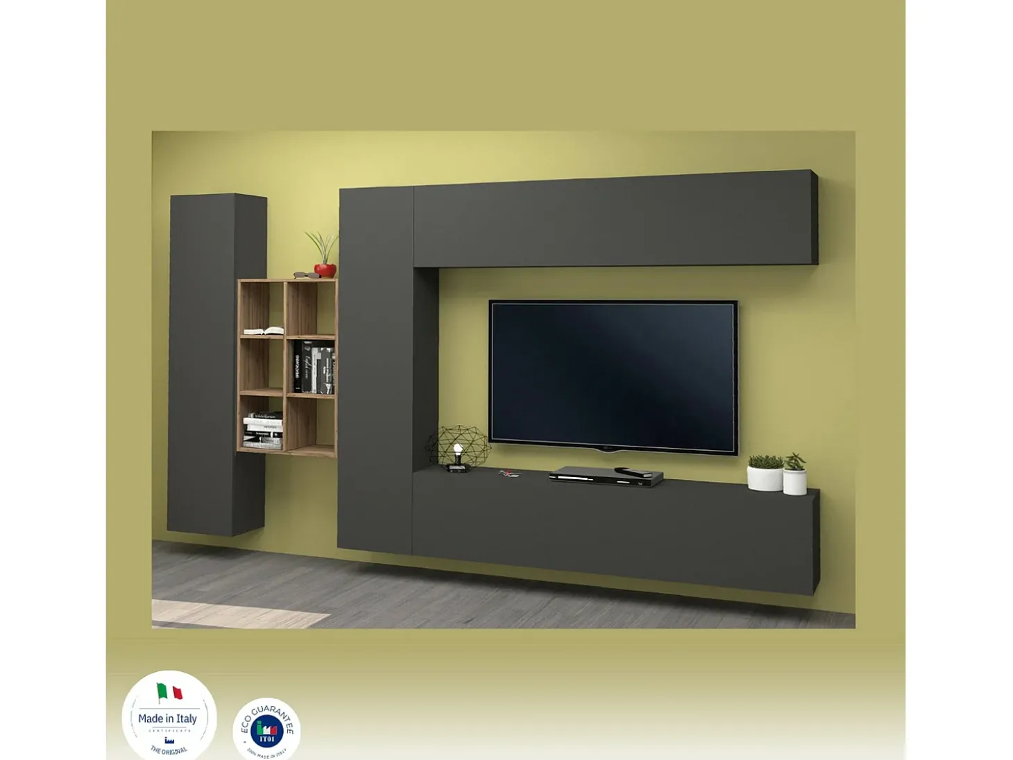 Sistema de parede Danilo, conjunto de sala de TV com 4 portas, móveis de sala multiuso, 100% Fabricado na Itália, 280x30h180 cm, Antracite e Bordo