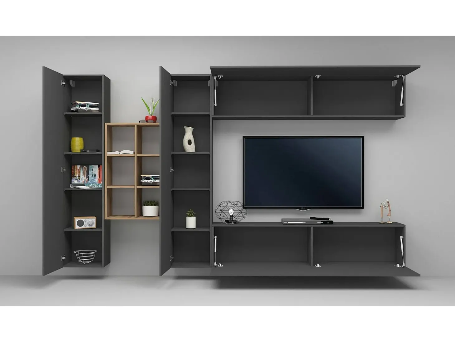 Sistema de parede Danilo, conjunto de sala de TV com 4 portas, móveis de sala multiuso, 100% Fabricado na Itália, 280x30h180 cm, Antracite e Bordo