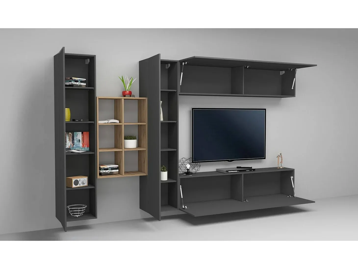 Sistema de parede Danilo, conjunto de sala de TV com 4 portas, móveis de sala multiuso, 100% Fabricado na Itália, 280x30h180 cm, Antracite e Bordo