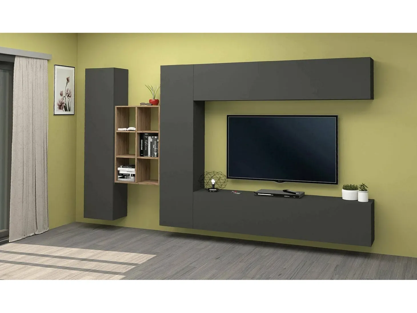 Sistema de parede Danilo, conjunto de sala de TV com 4 portas, móveis de sala multiuso, 100% Fabricado na Itália, 280x30h180 cm, Antracite e Bordo