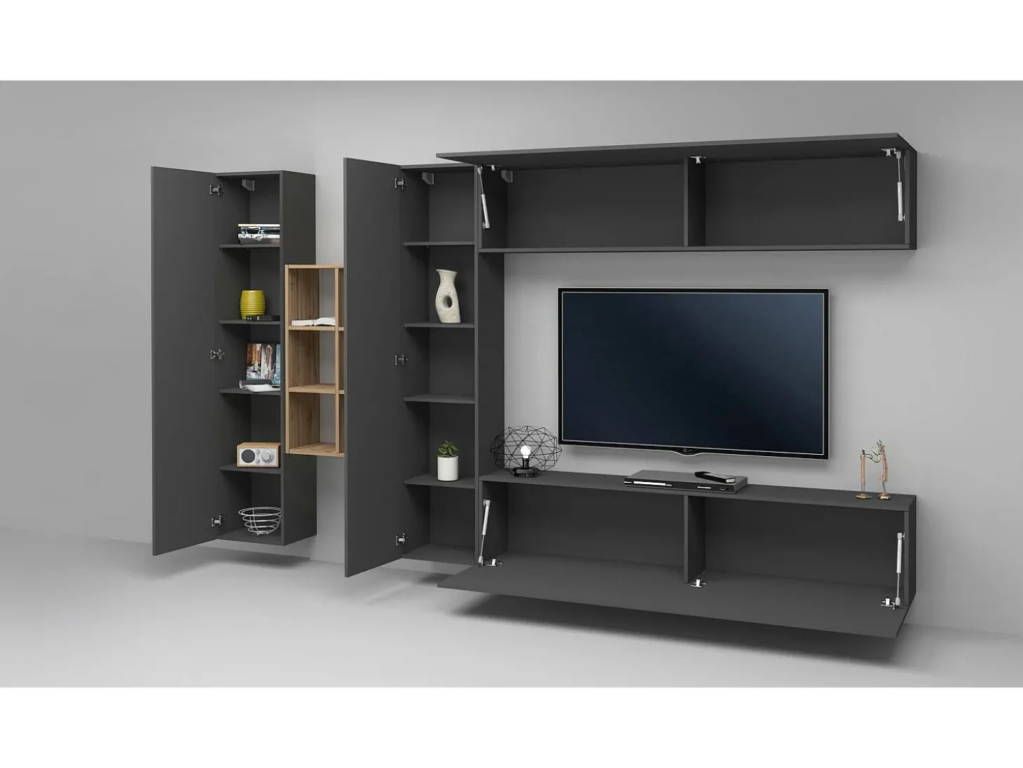 Sistema de parede Danilo, conjunto de sala de TV com 4 portas, móveis de sala multiuso, 100% Fabricado na Itália, 280x30h180 cm, Antracite e Bordo