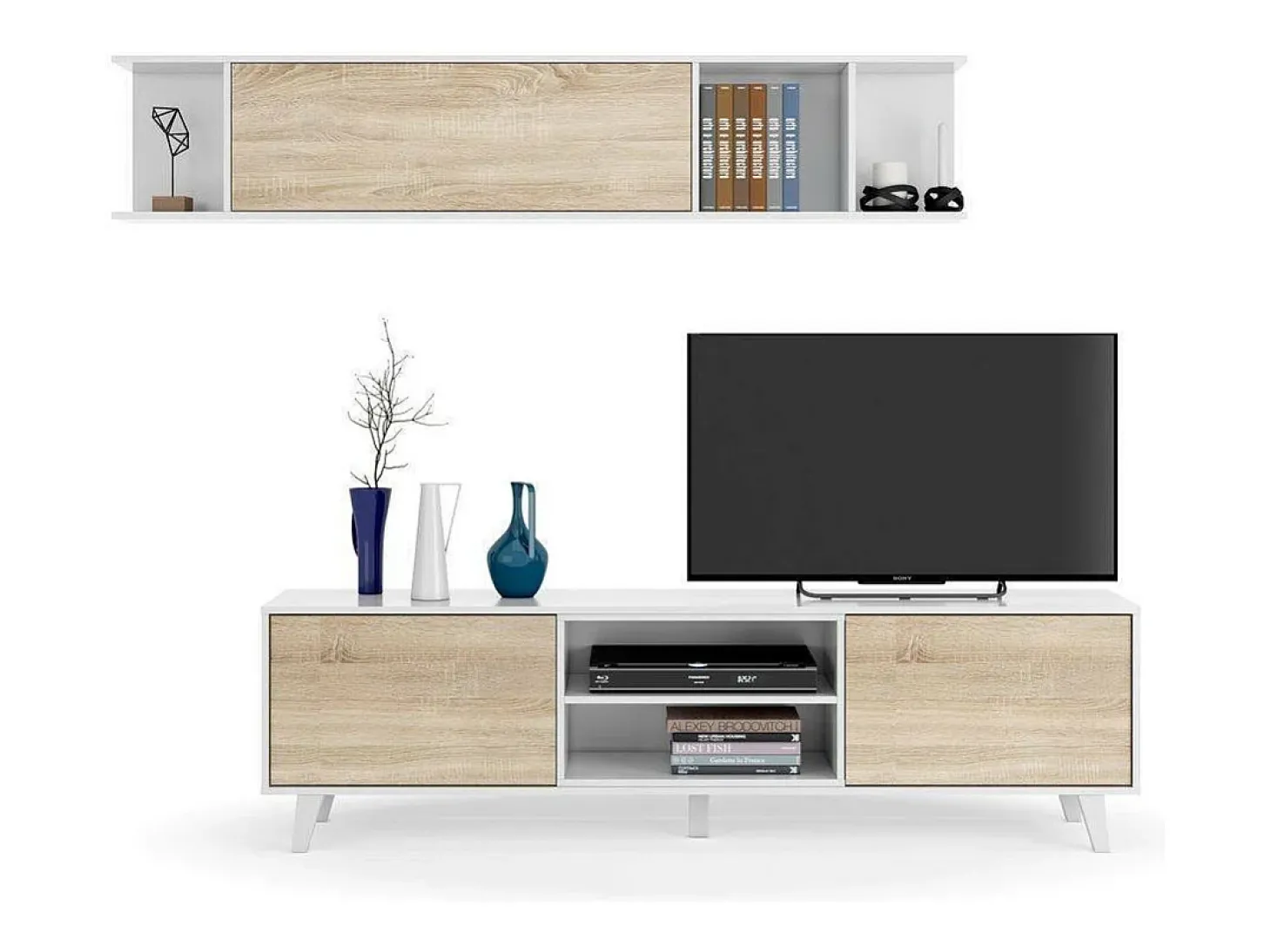Sistema de parede Darcole, móvel de sala de TV, Composição de sala com móvel de parede, 180x41h51 cm, Branco e Carvalho