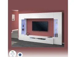 Sistema de parede Dberard, conjunto de sala de TV com 6 portas, móveis de sala multiuso com luz LED, 100% Made in Italy, 290x40h191 cm, branco brilhante