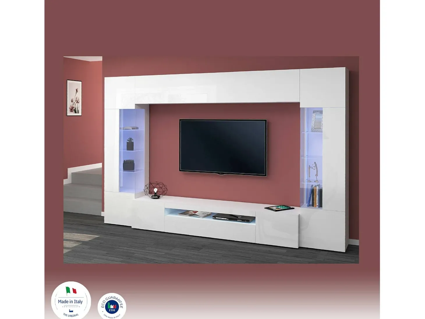 Sistema de parede Dberard, conjunto de sala de TV com 6 portas, móveis de sala multiuso com luz LED, 100% Made in Italy, 290x40h191 cm, branco brilhante