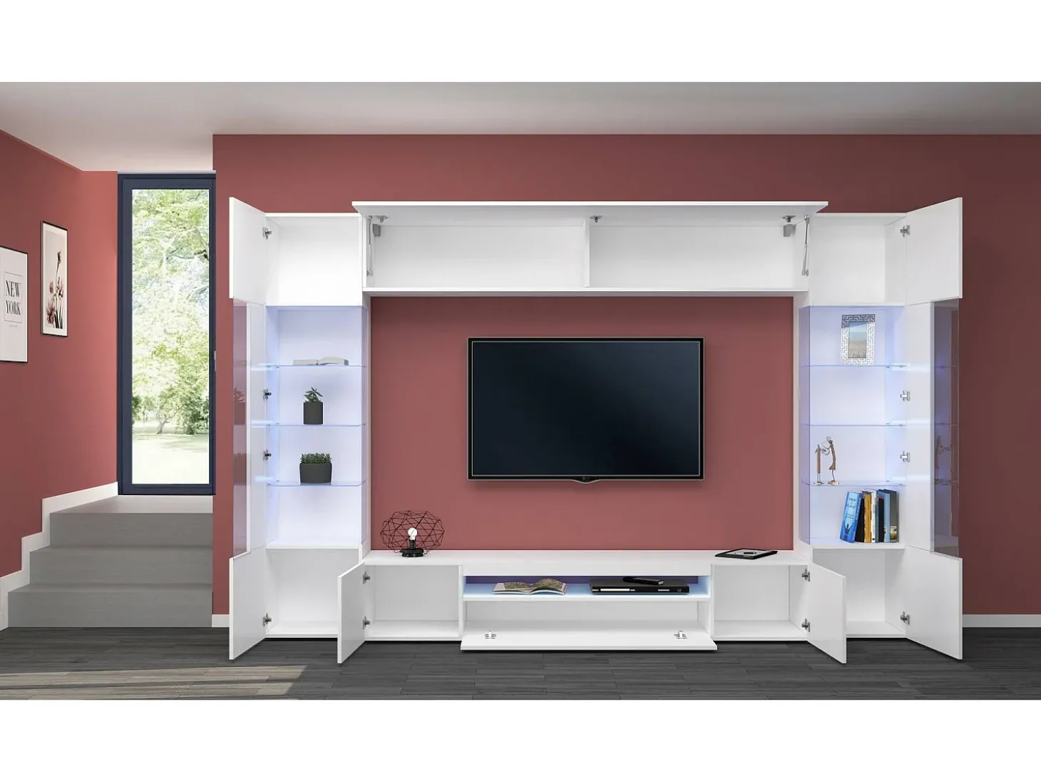 Sistema de parede Dberard, conjunto de sala de TV com 6 portas, móveis de sala multiuso com luz LED, 100% Made in Italy, 290x40h191 cm, branco brilhante