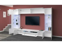 Sistema de parede Dberard, conjunto de sala de TV com 6 portas, móveis de sala multiuso com luz LED, 100% Made in Italy, 290x40h191 cm, branco brilhante