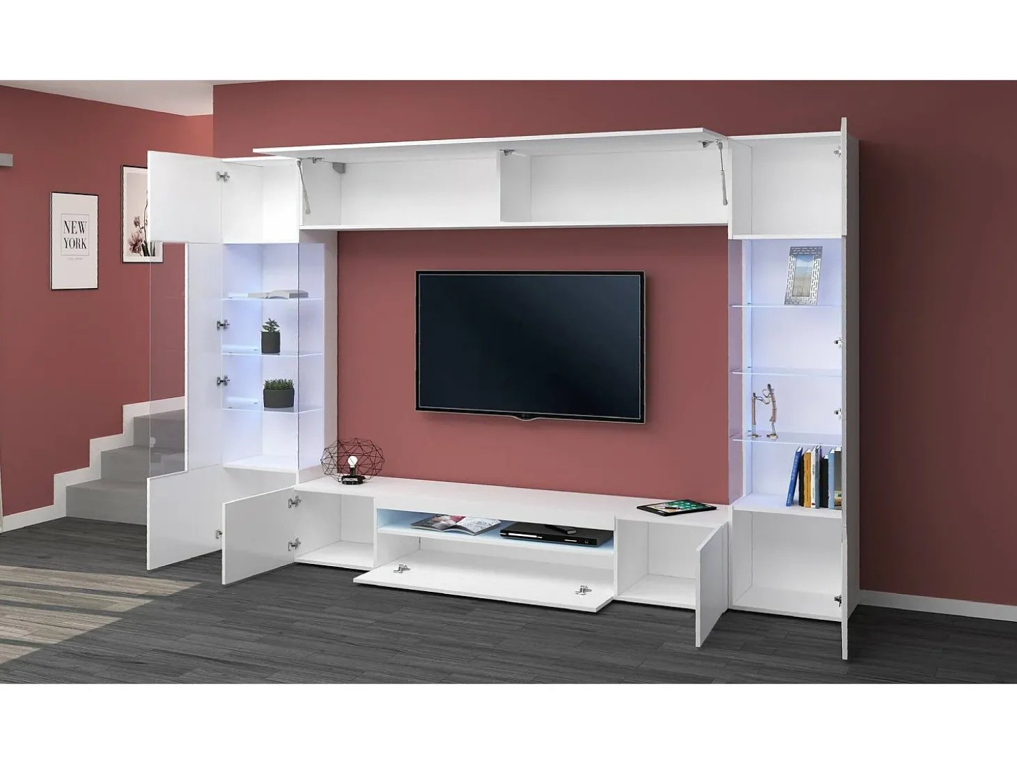 Sistema de parede Dberard, conjunto de sala de TV com 6 portas, móveis de sala multiuso com luz LED, 100% Made in Italy, 290x40h191 cm, branco brilhante