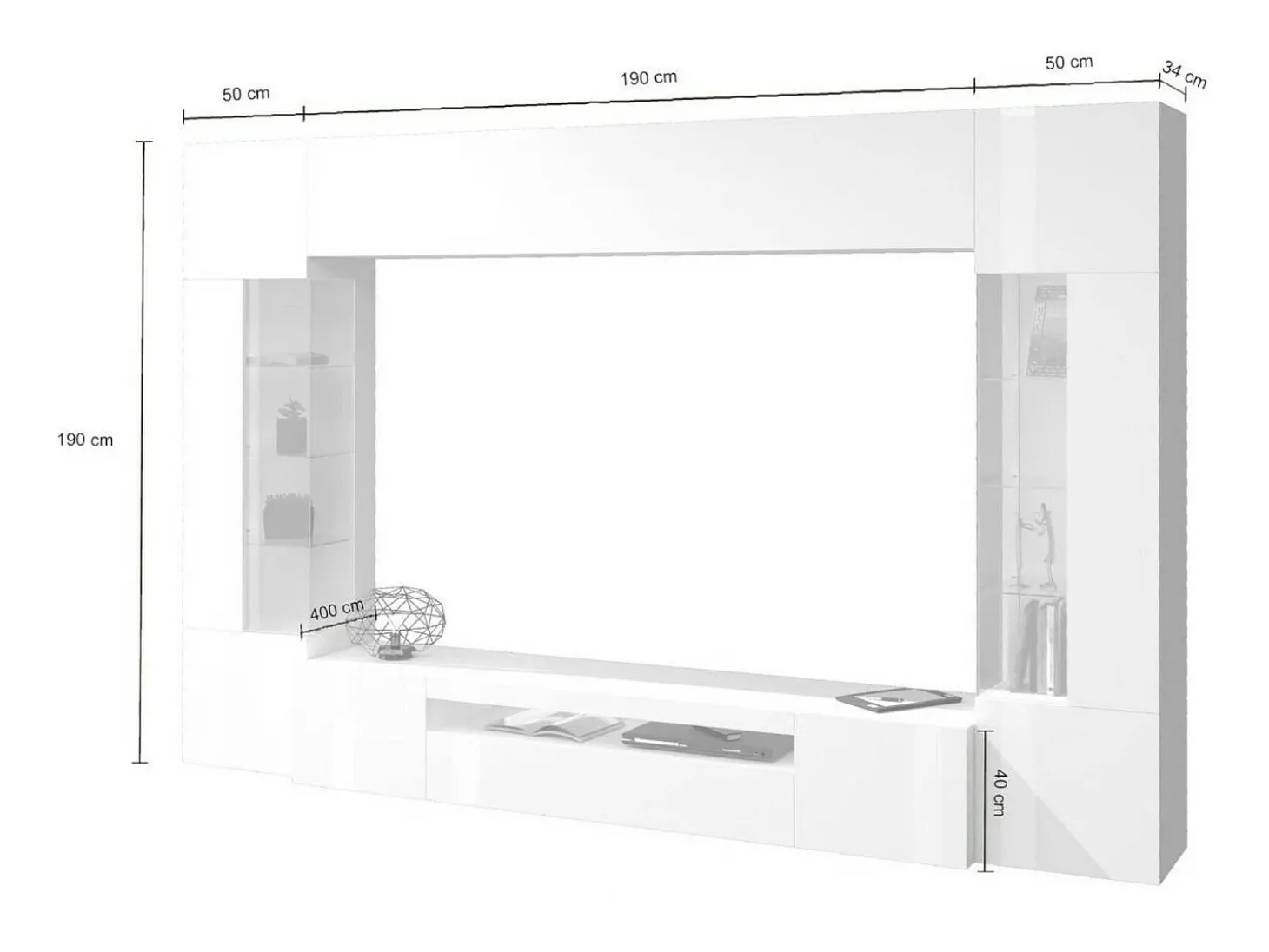 Sistema de parede Dberard, conjunto de sala de TV com 6 portas, móveis de sala multiuso com luz LED, 100% Made in Italy, 290x40h191 cm, branco brilhante